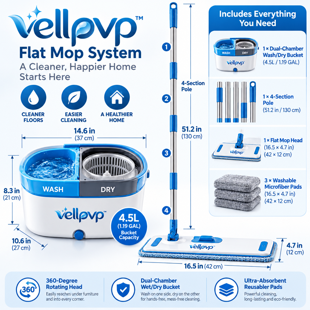 vellpvp™ Microfiber Flat Mop Cleaning System — Floor & Surface Cleaning Equipment