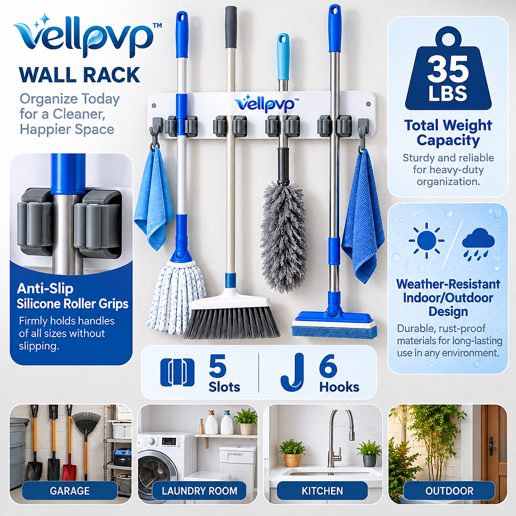 vellpvp™ Wall-Mounted Cleaning Tool Organizer — Cleaning Supply Storage & Organization